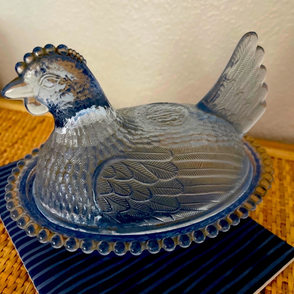 Vintage Indiana Glass Hen on Nest Light Blue